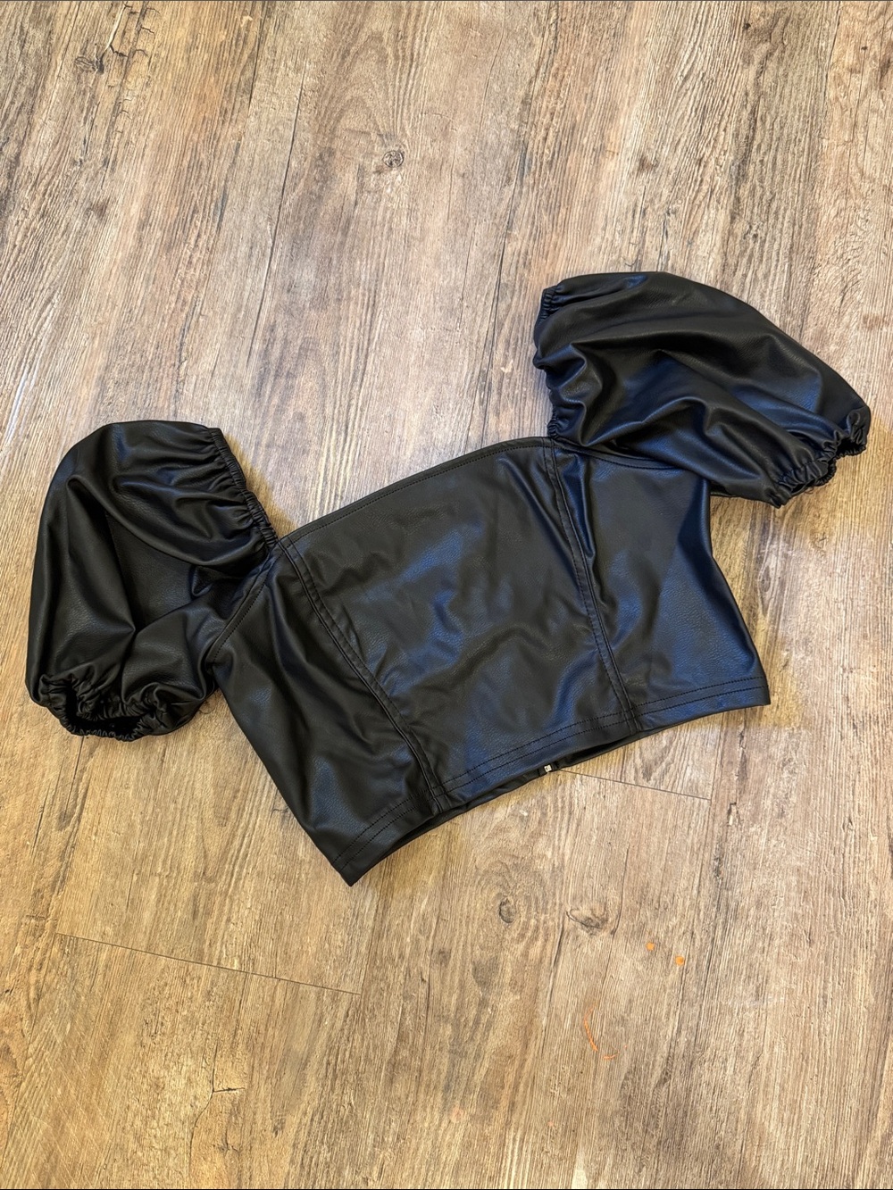 Divided Black Faux Leather Puff Sleeve Crop